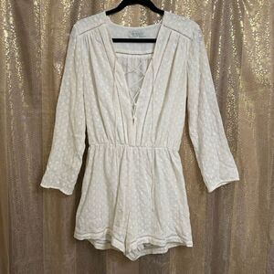 WAYF White Long Sleeve Lattice Trim Floral Eyelet Shorts Romper Small